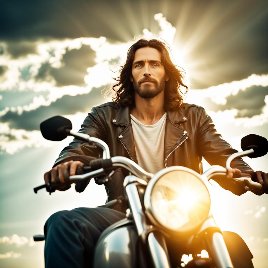 Jesus Rides Motorcycle in Divine Sunshine