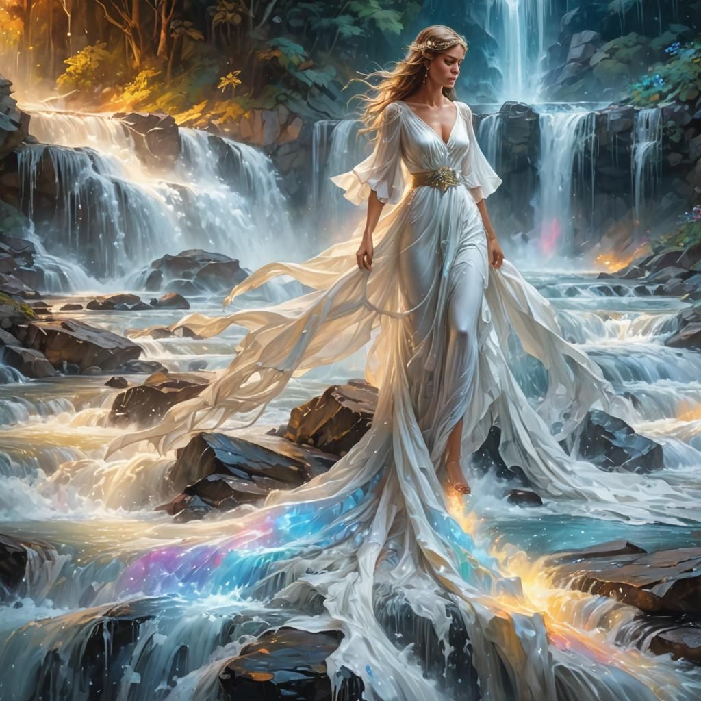 A white silky dress with intricate details of waterfalls on ...