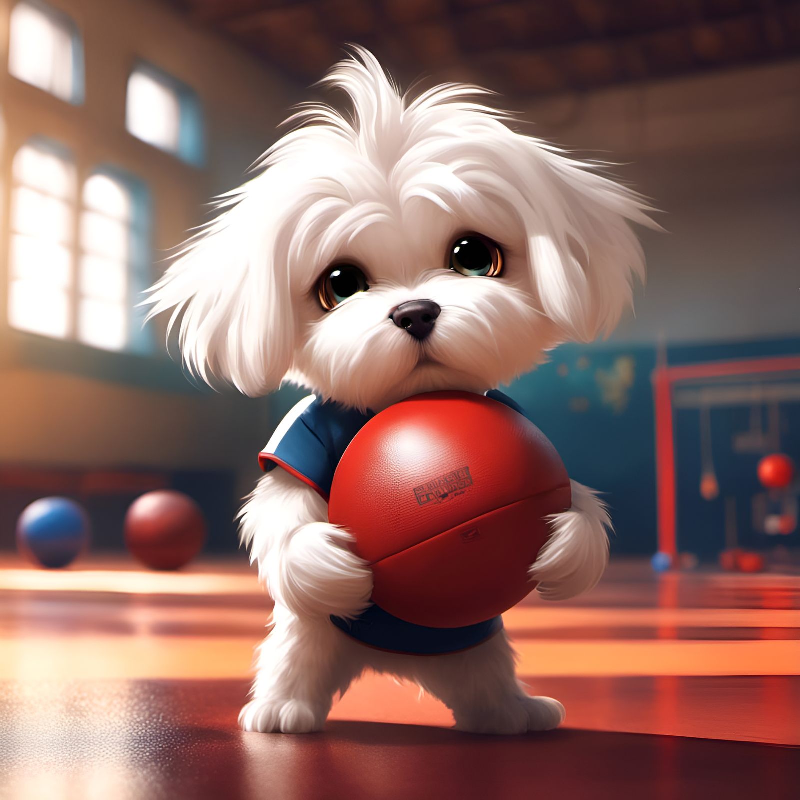 Chibi Maltese Ready for Dodgeball in Gym