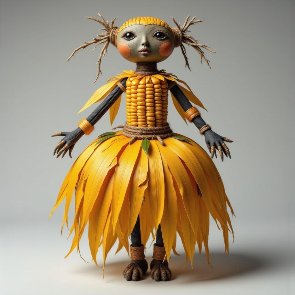 Corn Husk Doll with Cob Torso and Pebble Face