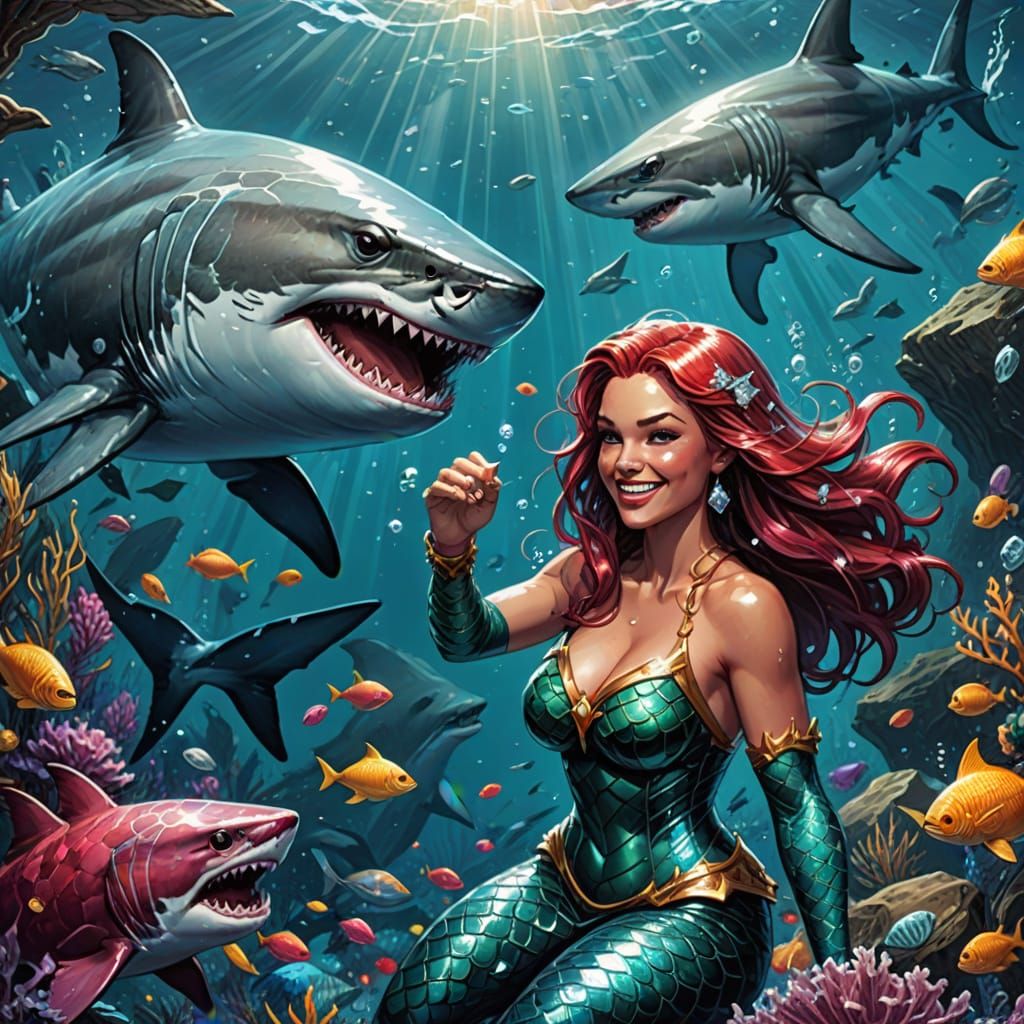 Mermaid and Shark Treasure Hunt in Comic Book Art
