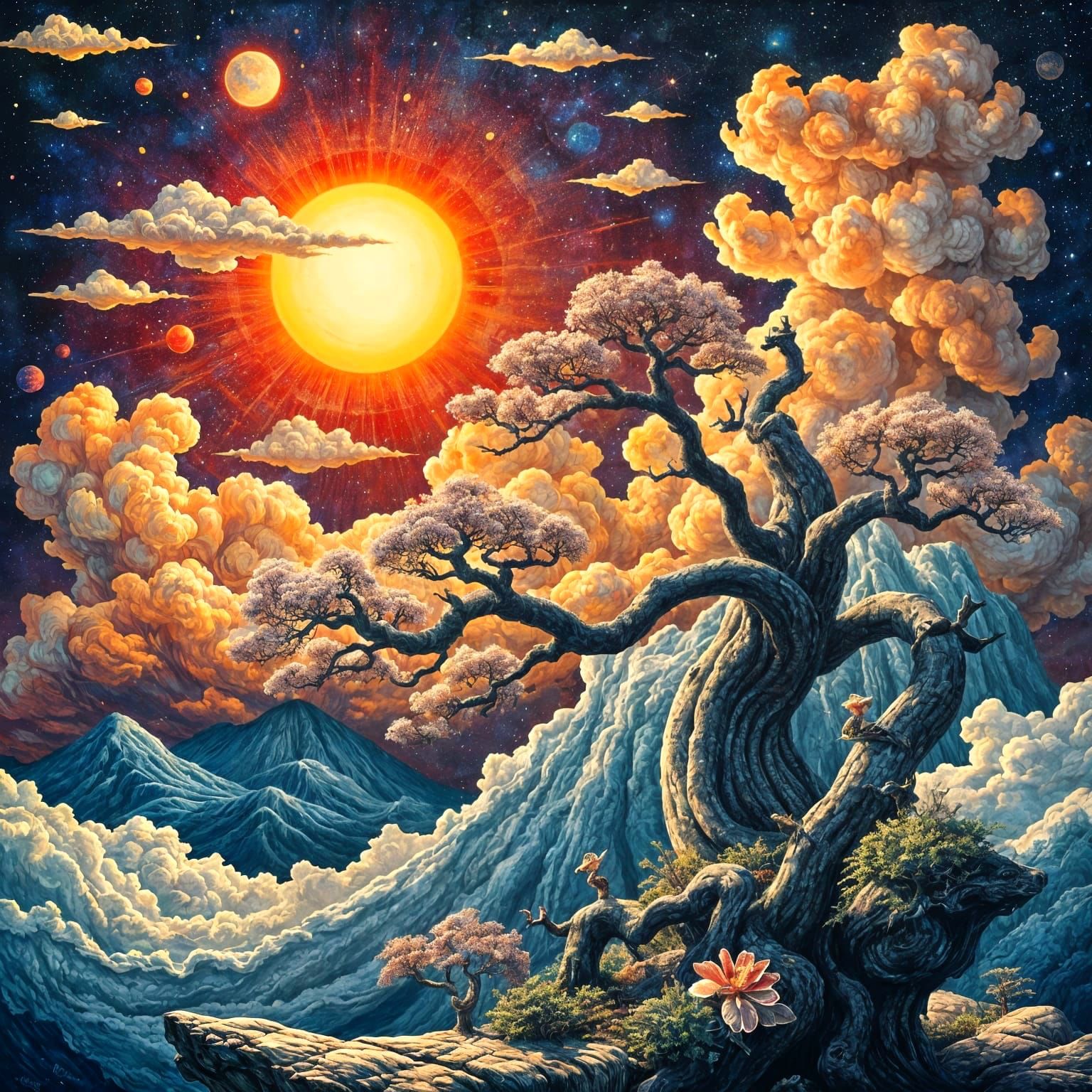 Dreamlike Bonsai Landscape in Maximalist Style