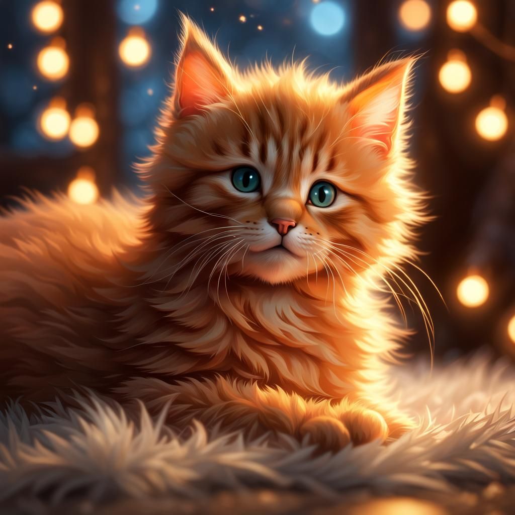 Fluffy Orange Kitten in String Lights: Hyperdetailed Fantasy