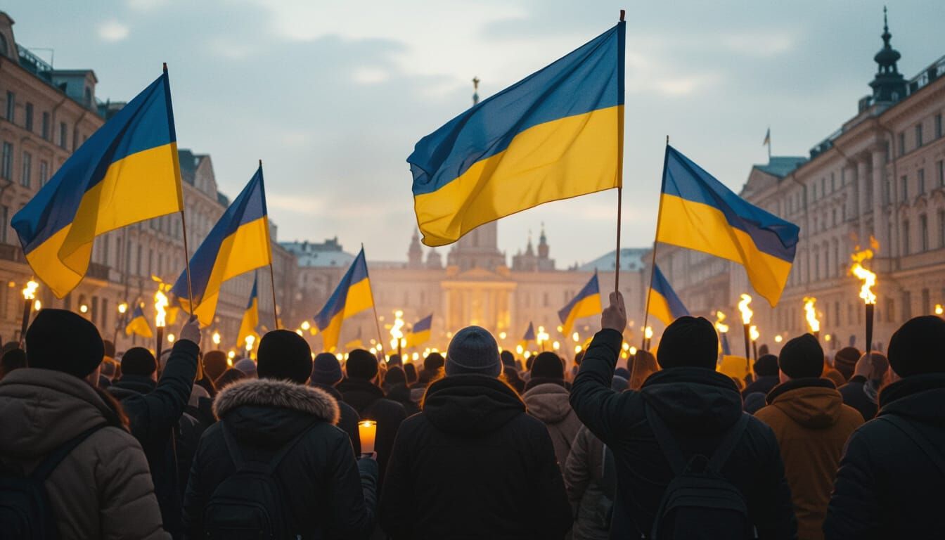 Hopeful Crowds with Ukrainian Flags and Torches
