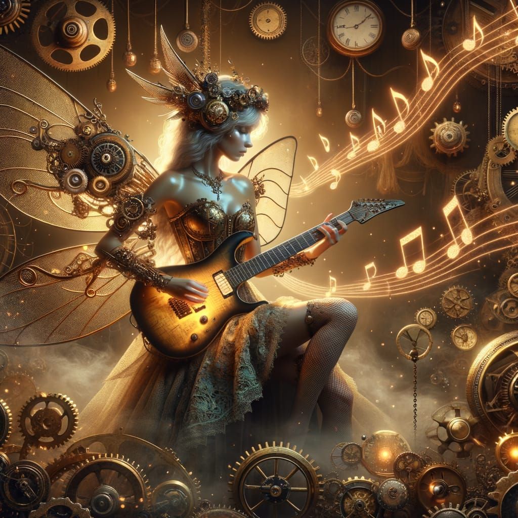 Steampunk Fairy Plays Glowing Guitar Amidst Clockwork
