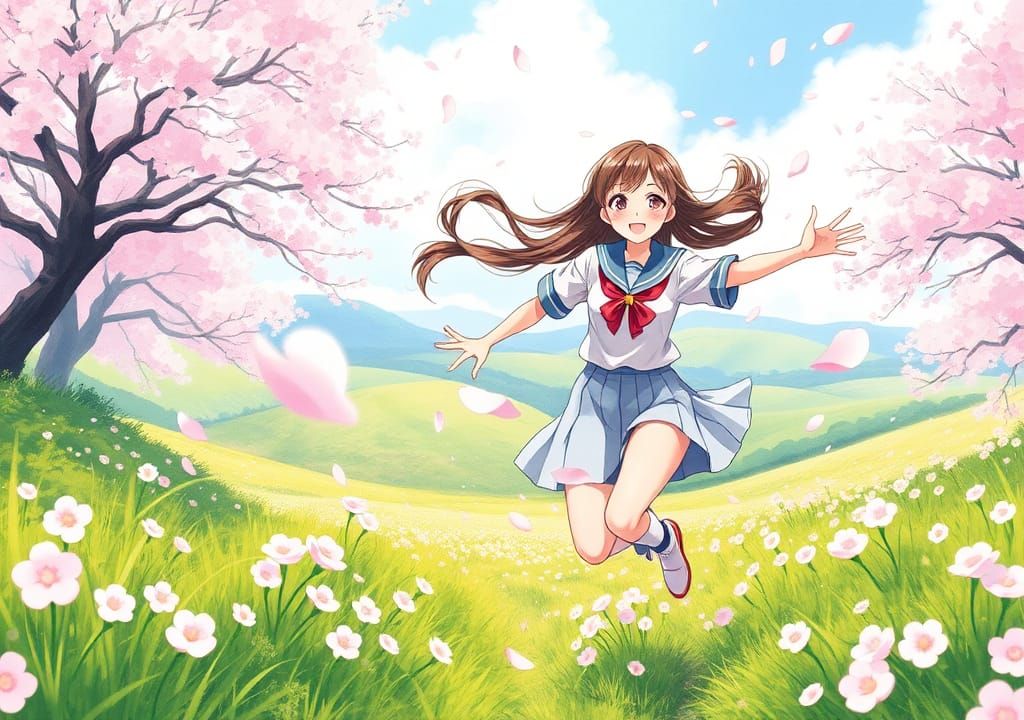 Anime Girl in Cherry Blossom Field, Digital Art