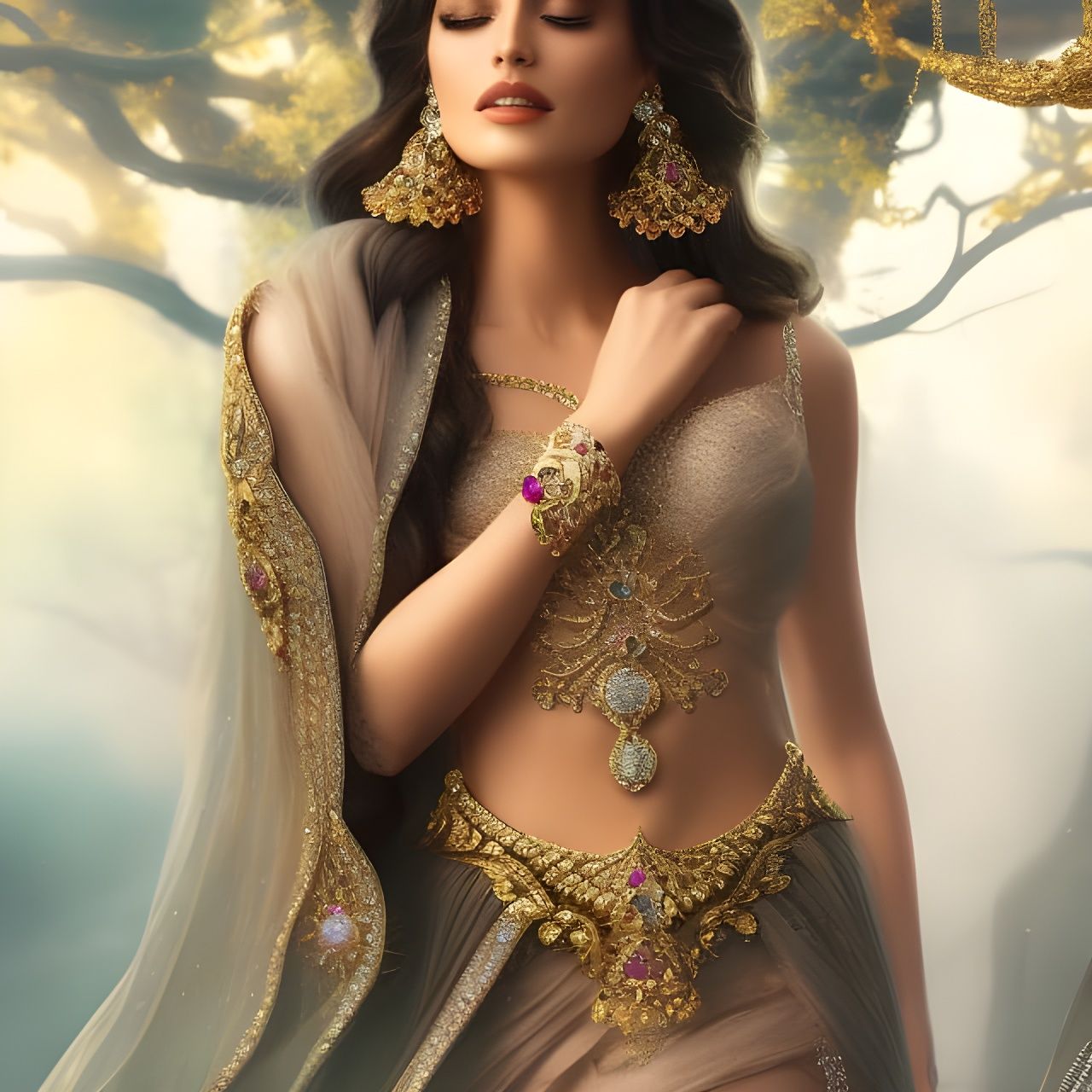 Woman with Precious Gems Jewelry in Fantasy Art