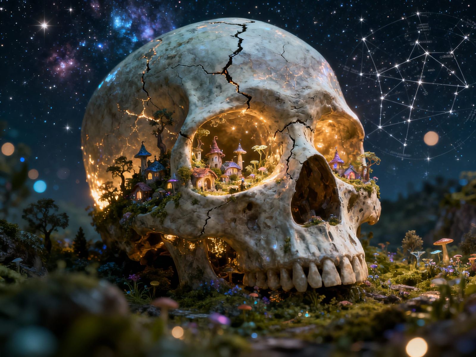 Tiny Faerie Village in Glowing Skull, Epic Fantasy Art
