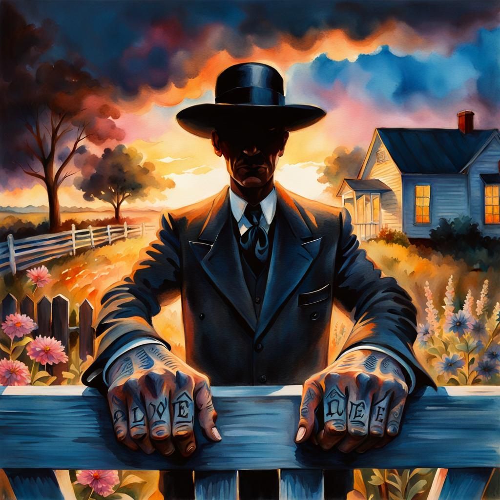 1930s Preacher with Tattoos in Watercolor Style