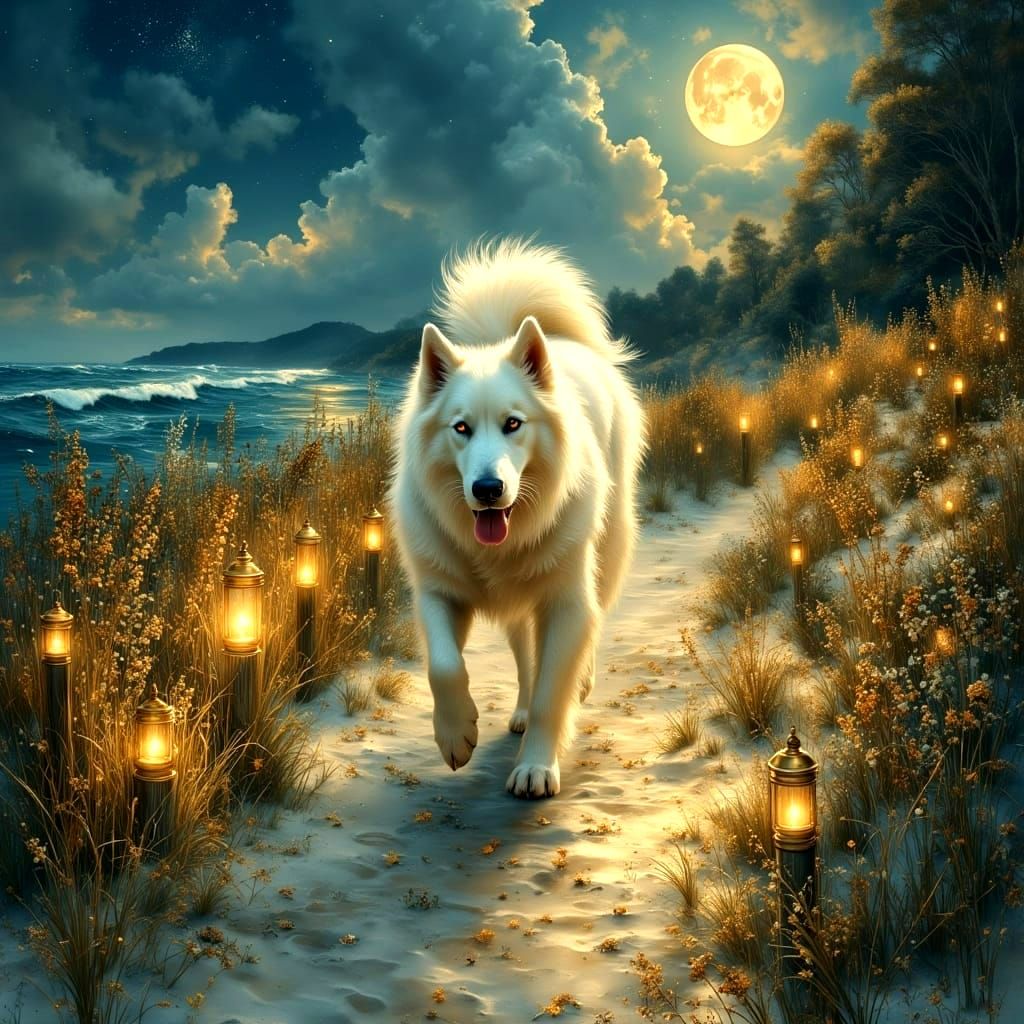 Bioluminescent Beach at Midnight with Dog