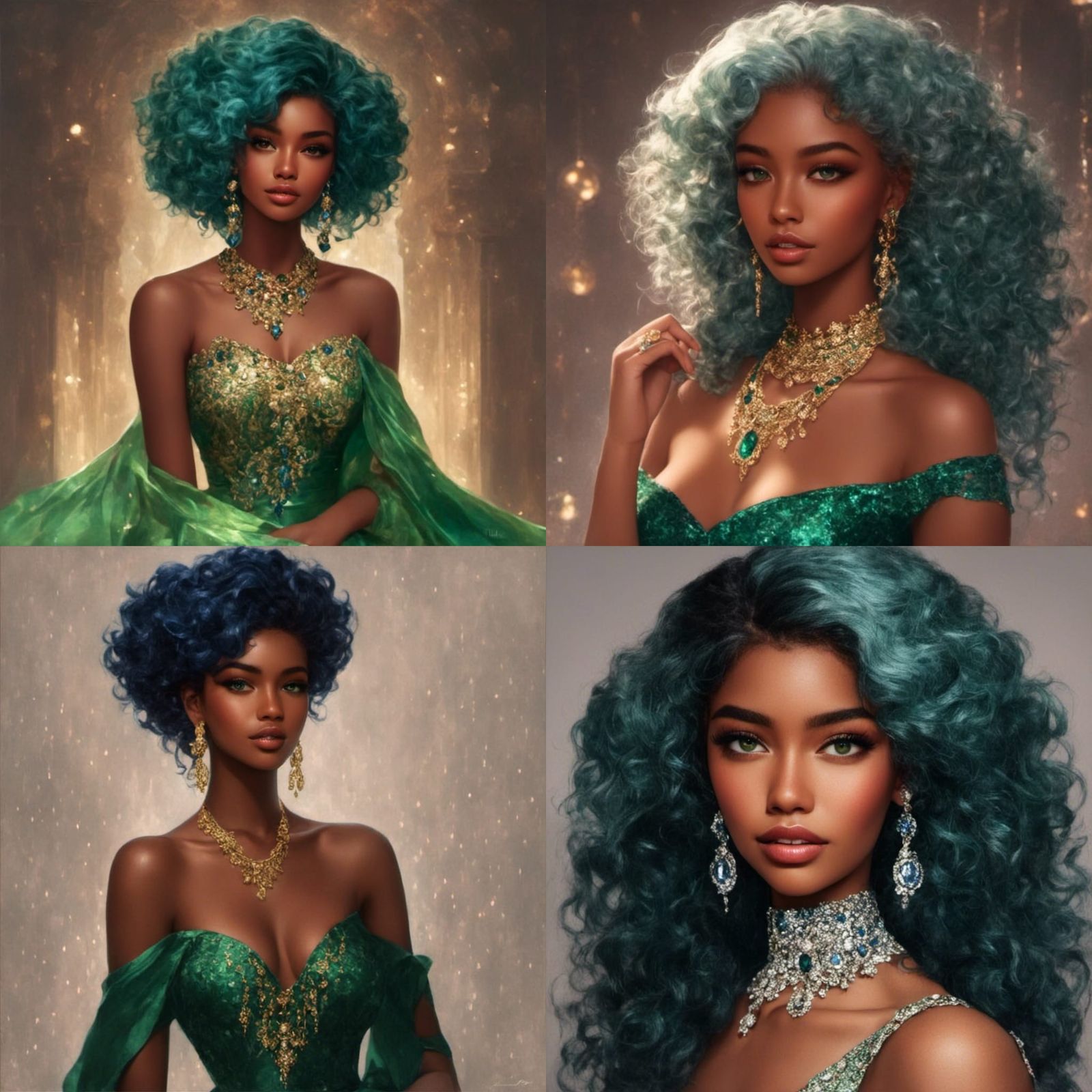 Sapphire Haired Woman in Golden Gown