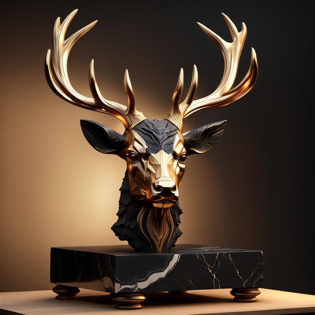 Detailed Deer Head Wood Carving on Marble Pedestal