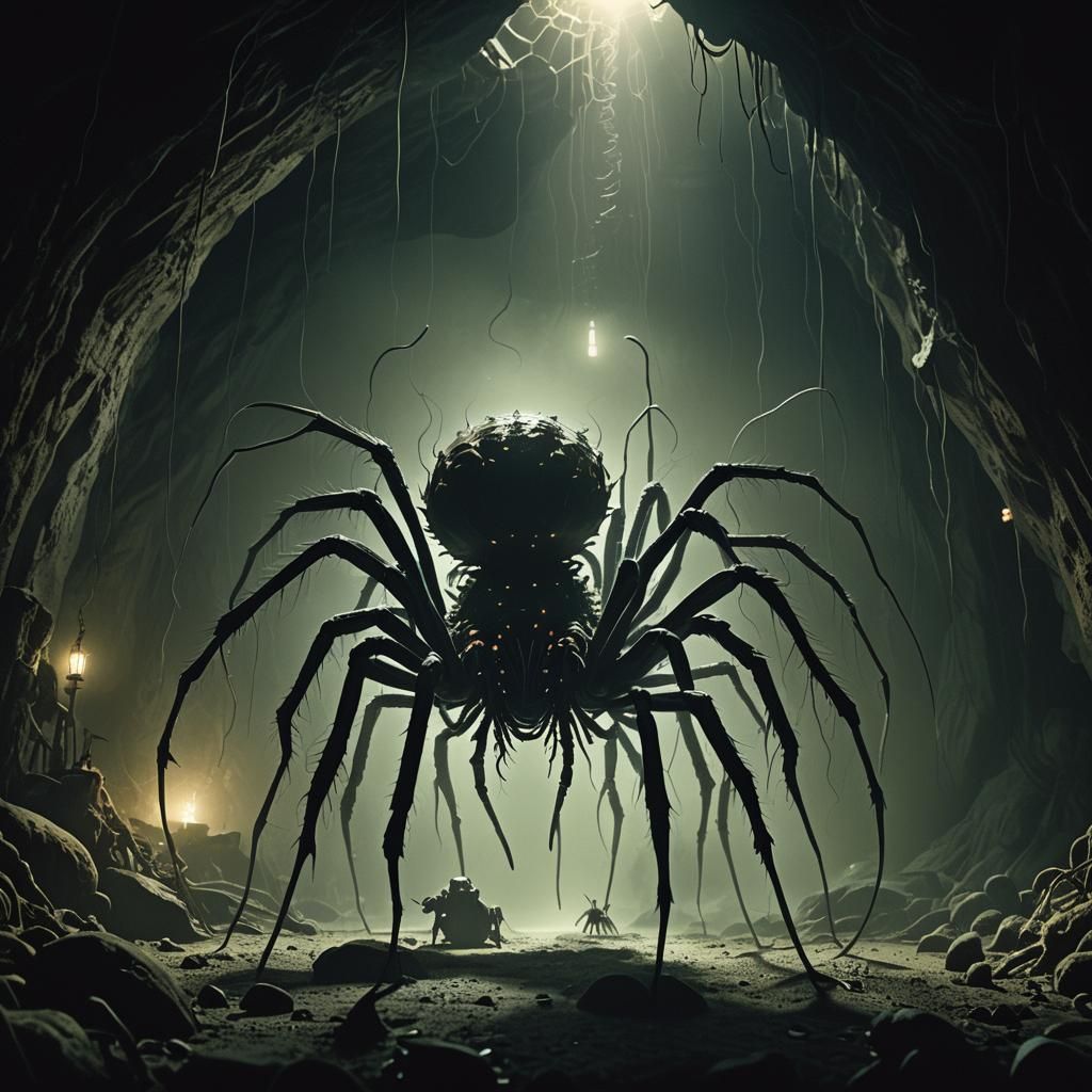 Bizarre Spider Creature in Misty Cave, Cinematic Still