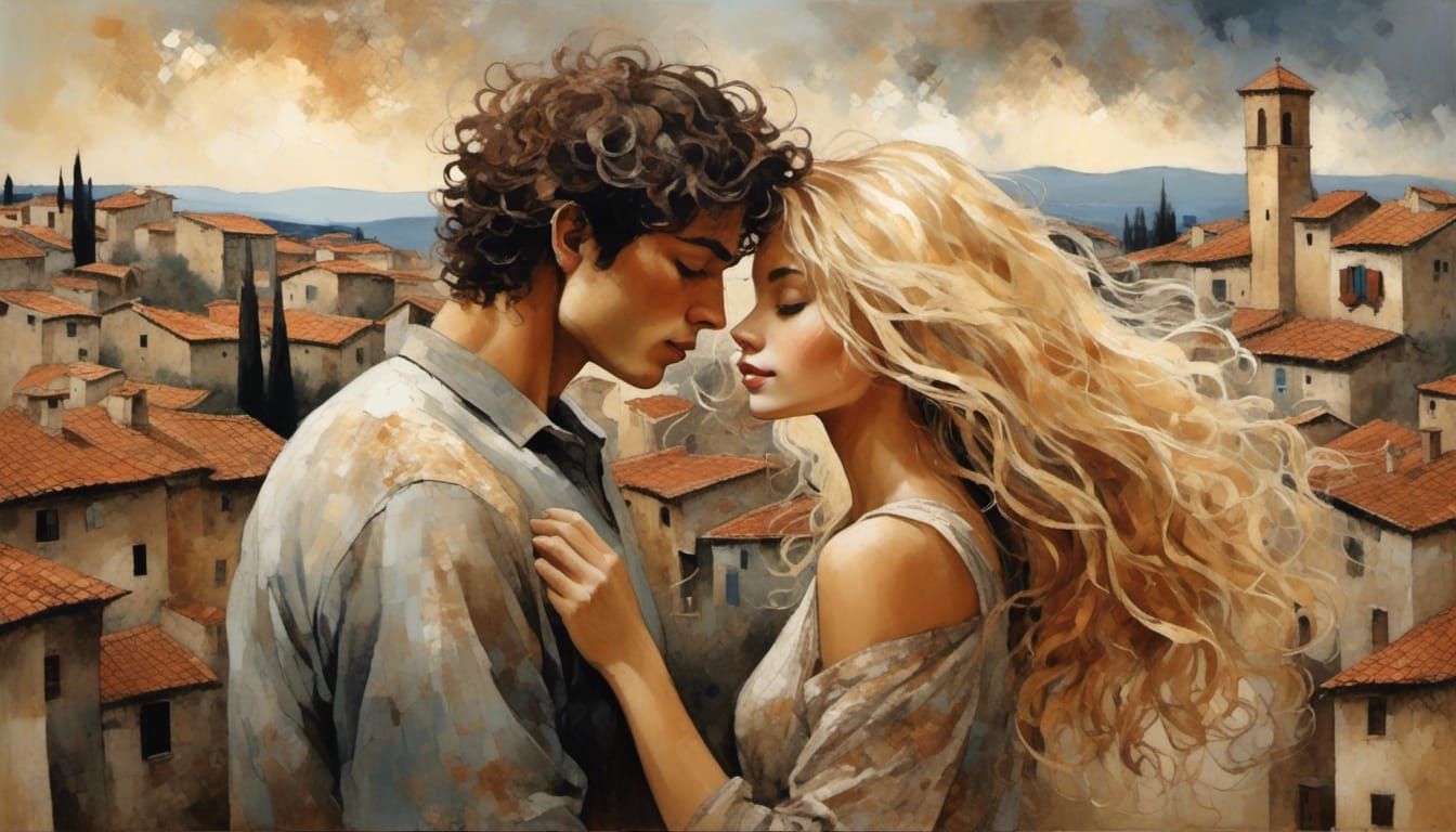 Romantic Embrace in Tuscan Village