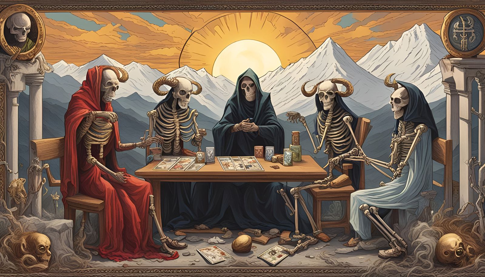 Tarot Figures Play Cards on Mountain Ledge