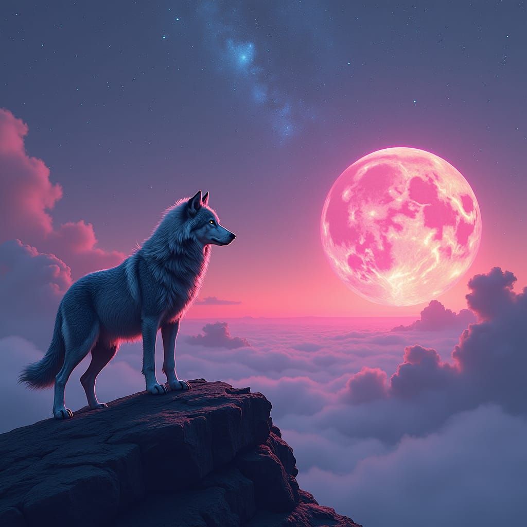 Wolf Gazes at Galaxy Sunset in Sci-Fi Style