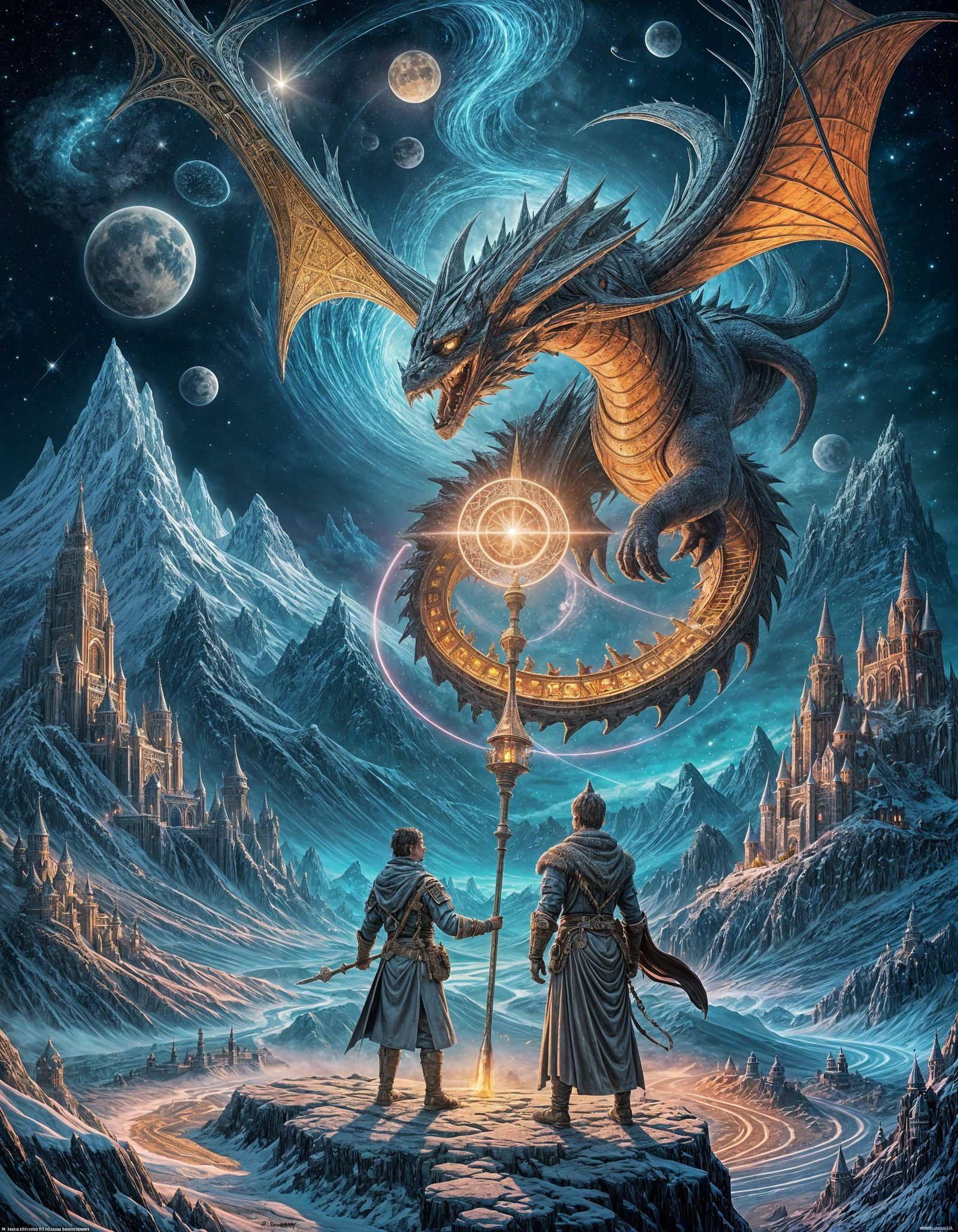 Fantasy Book Cover with Medieval and Space Elements