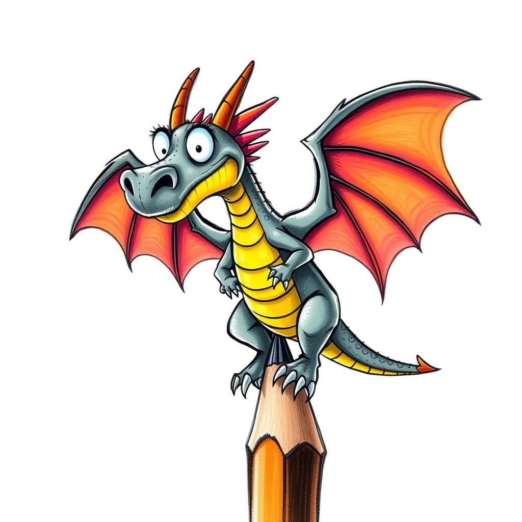 Whimsical Dragon Caricature on Pencil Tip