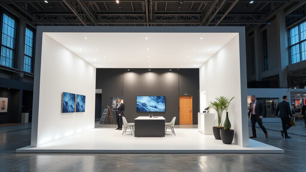 Modern 5m x 5m exhibition booth with two open sides, sleek design, minimalistic structure, clean lines, and stylish ligh...