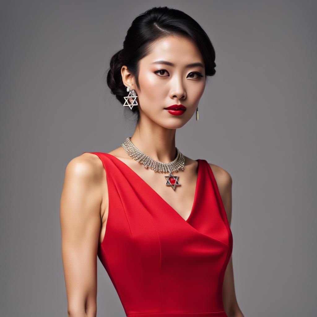 Asian Woman in Red Dress with Star of David