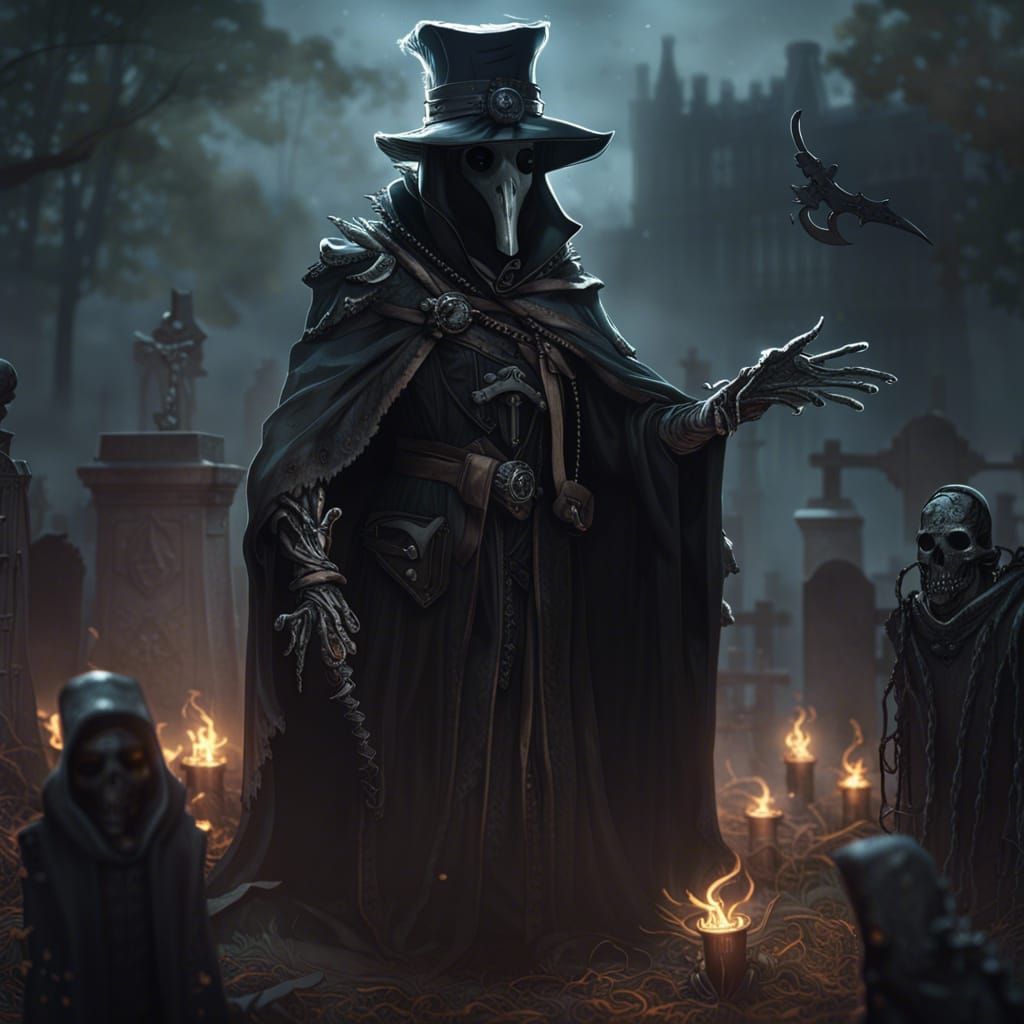 Plague Doctor Raising Undead Army in Graveyard