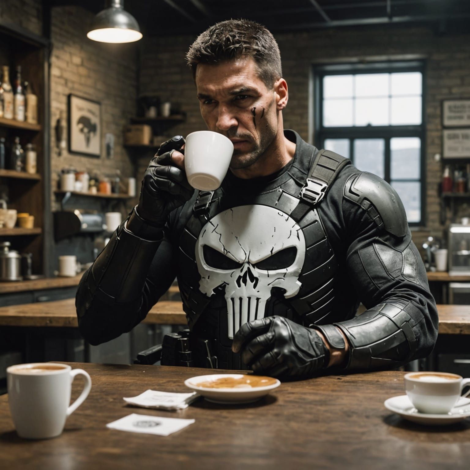 The Punisher Sips Coffee in a Gritty Urban Setting