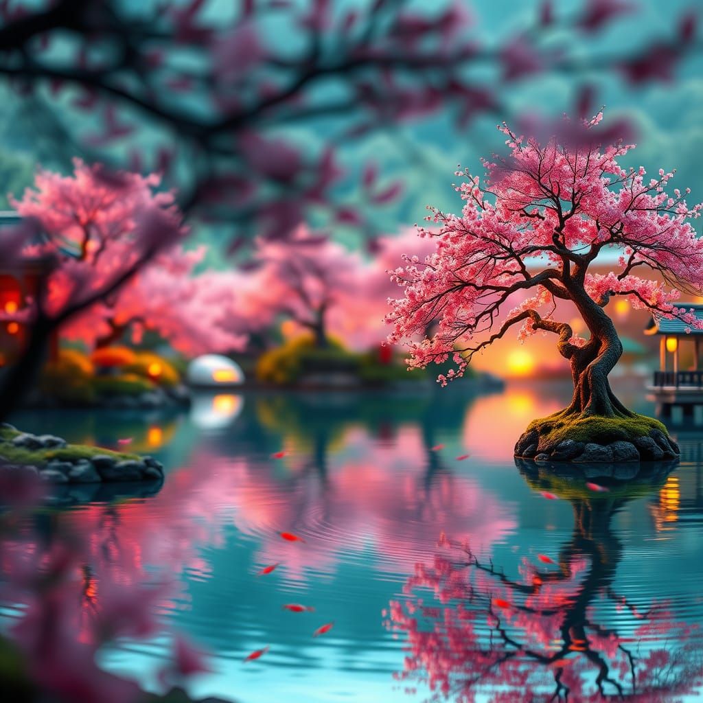 Serene Japanese Garden in Soft Focus with Cherry Blossoms an...