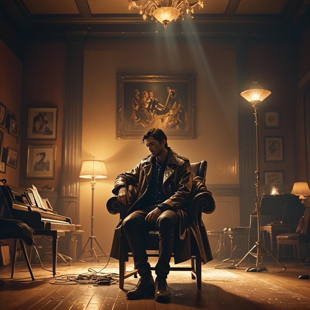 Musician in Dimly Lit Room: 3D Game Cinematic