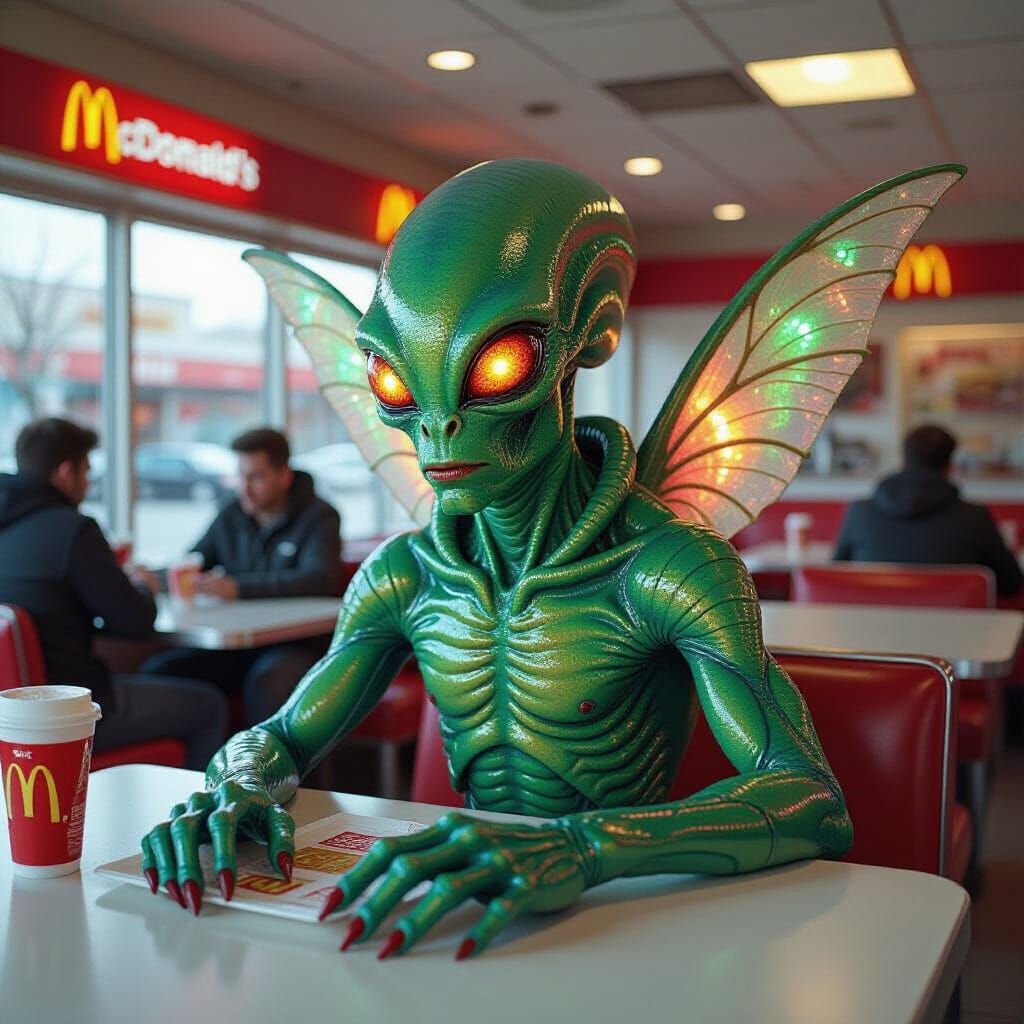 Alien Creature at McDonald's in Hyper-Detailed Style