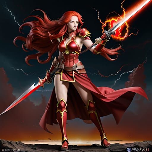 Anime-Style Female Warrior with Red Lightning