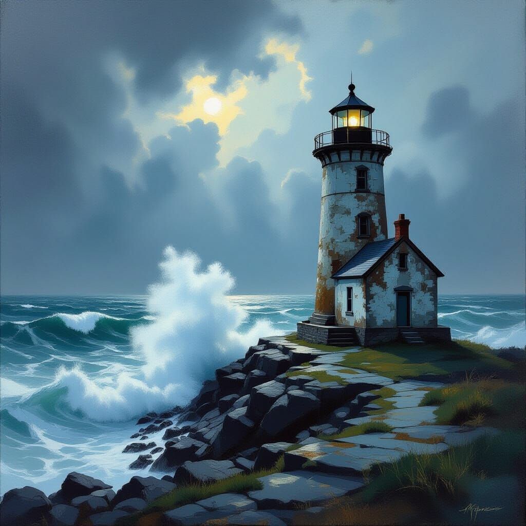 Stormy Lighthouse Oil Painting with Dramatic Sky