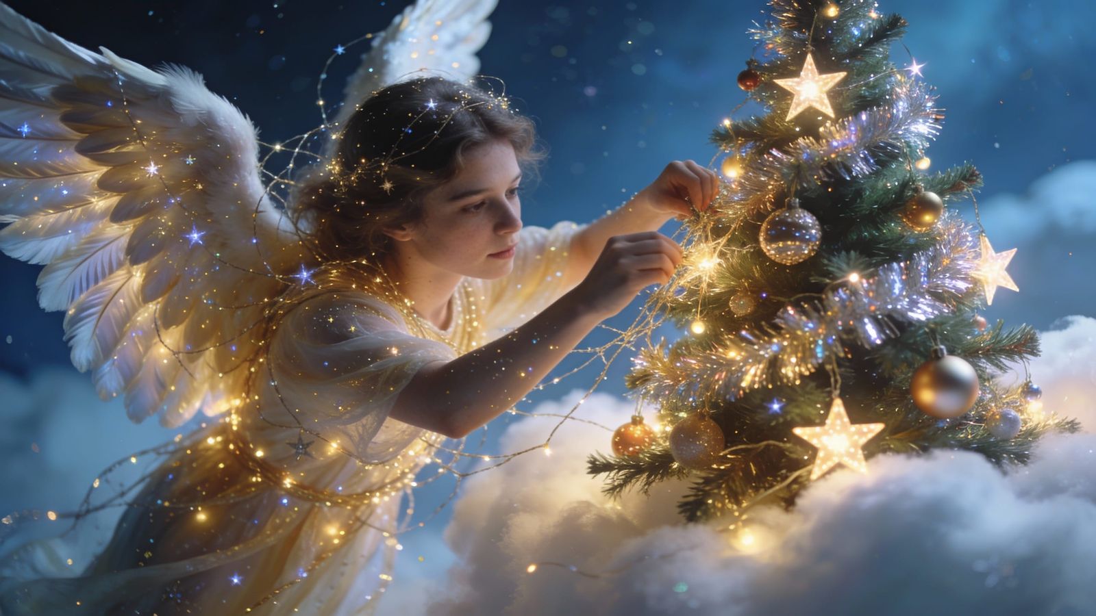 Ethereal Angel Assembles Celestial Christmas Tree on Cloud