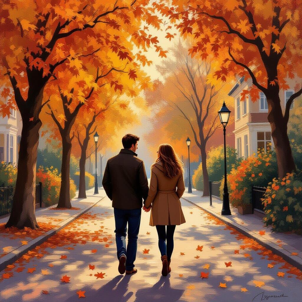 Romantic Autumn Scene: Couple Walking Amidst Falling Leaves