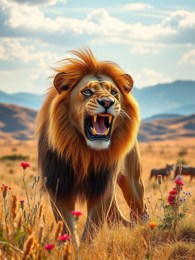 Majestic Lion Roaring on Sunlit Savanna