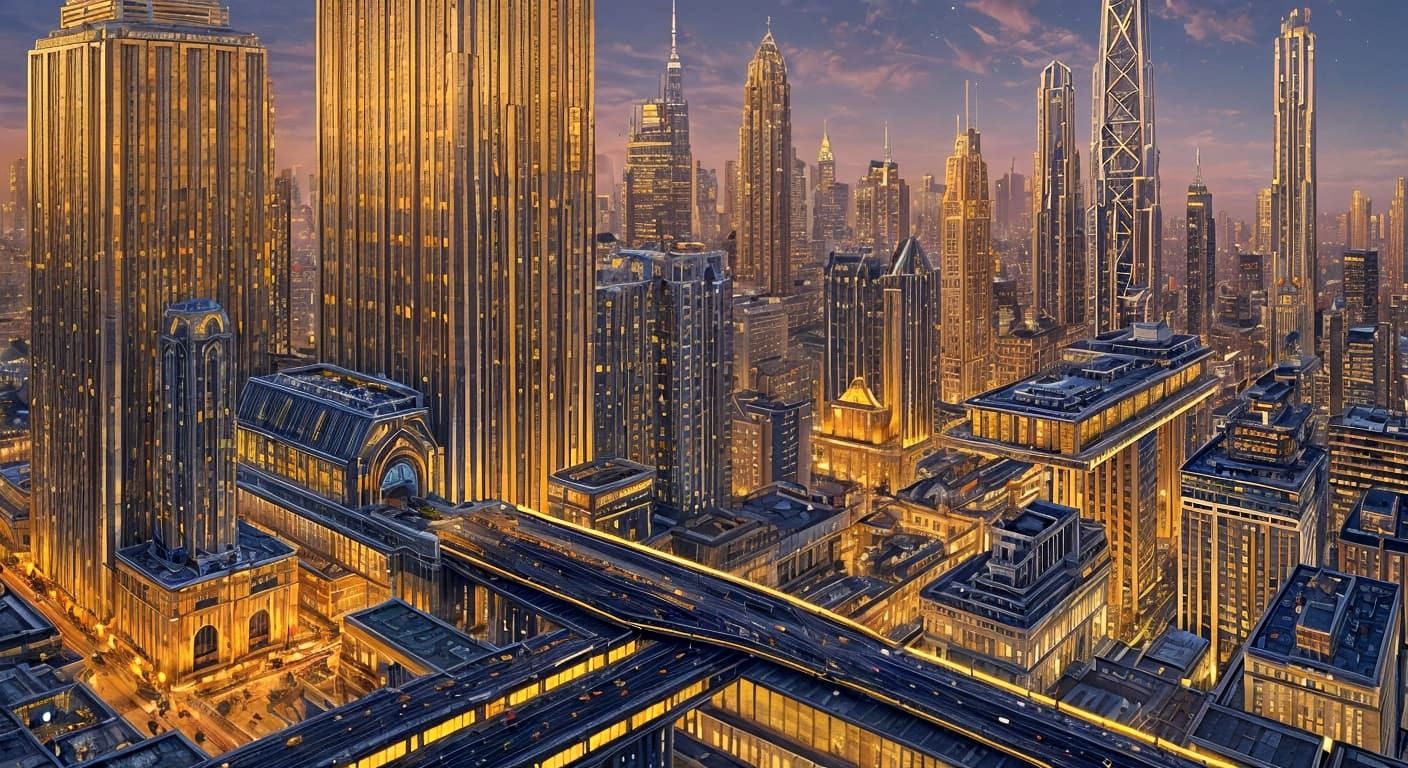 Art Deco Retrofuturist Cityscape with Hovercraft