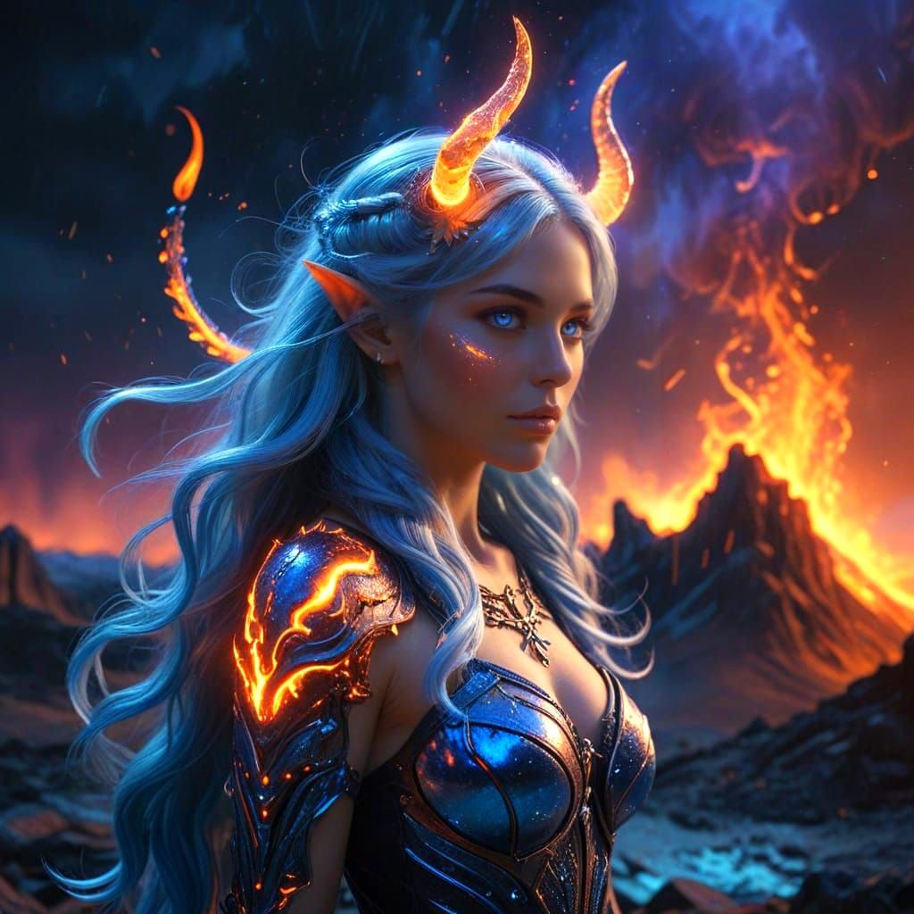 Surreal Blue-Eyed Devil Goddess in Neon Epic Digital Art