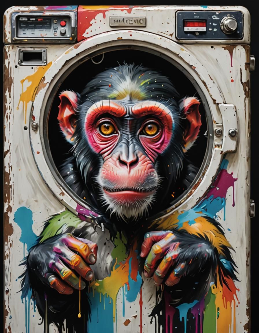 Distressed Monkey in Washing Machine: Vibrant Oil Painting