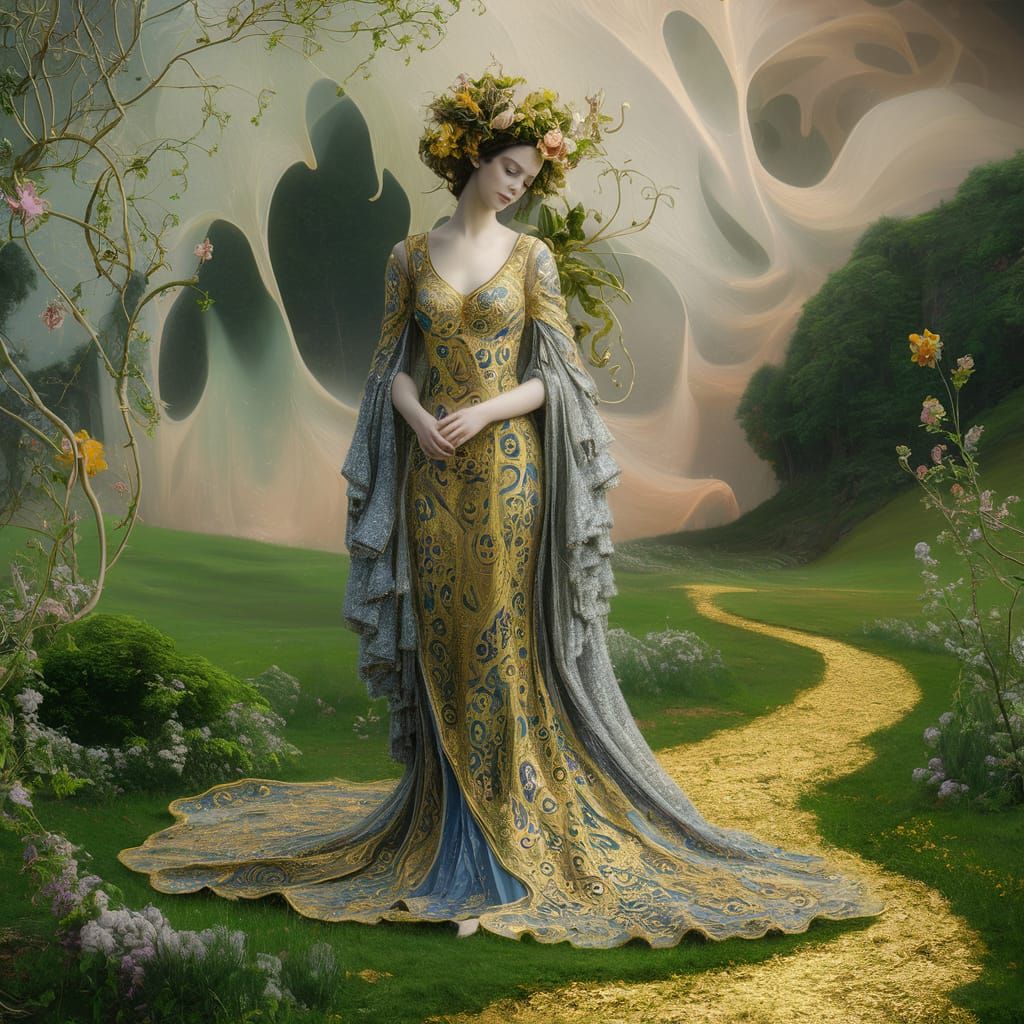 Ethereal Fantasy: Woman in Gown, Art Nouveau Style