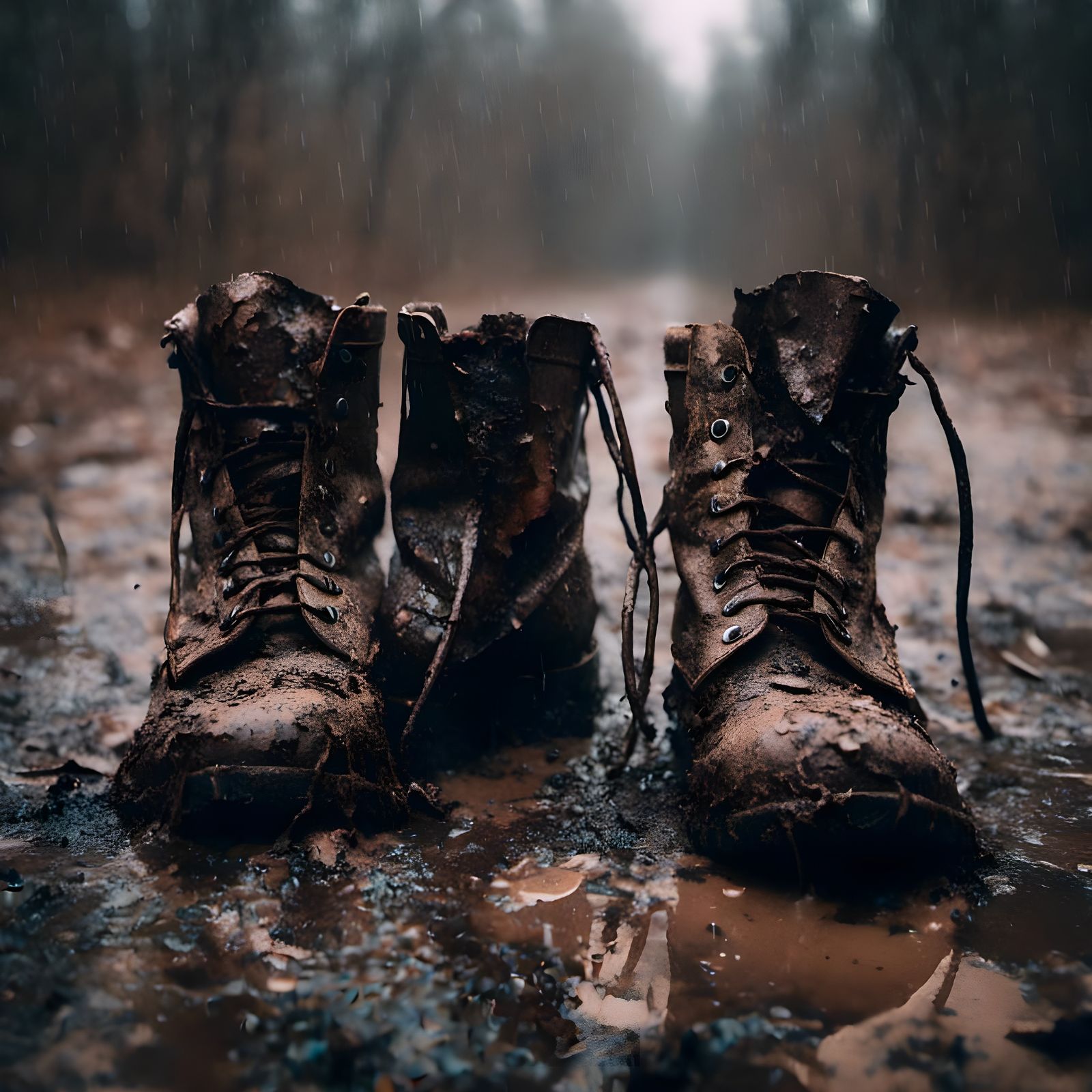 Macabre Old Leather Work Boots in Rain