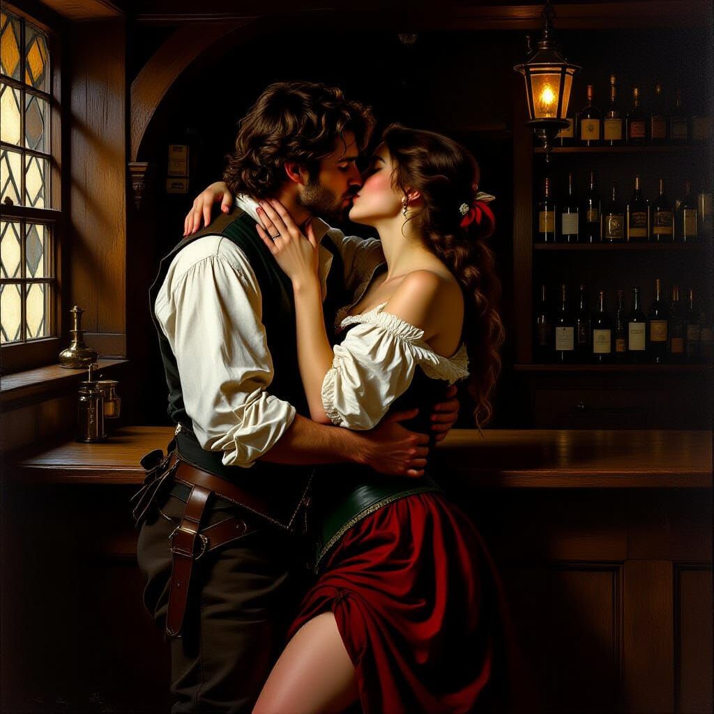 Passionate Baroque Embrace in Dimly Lit Inn