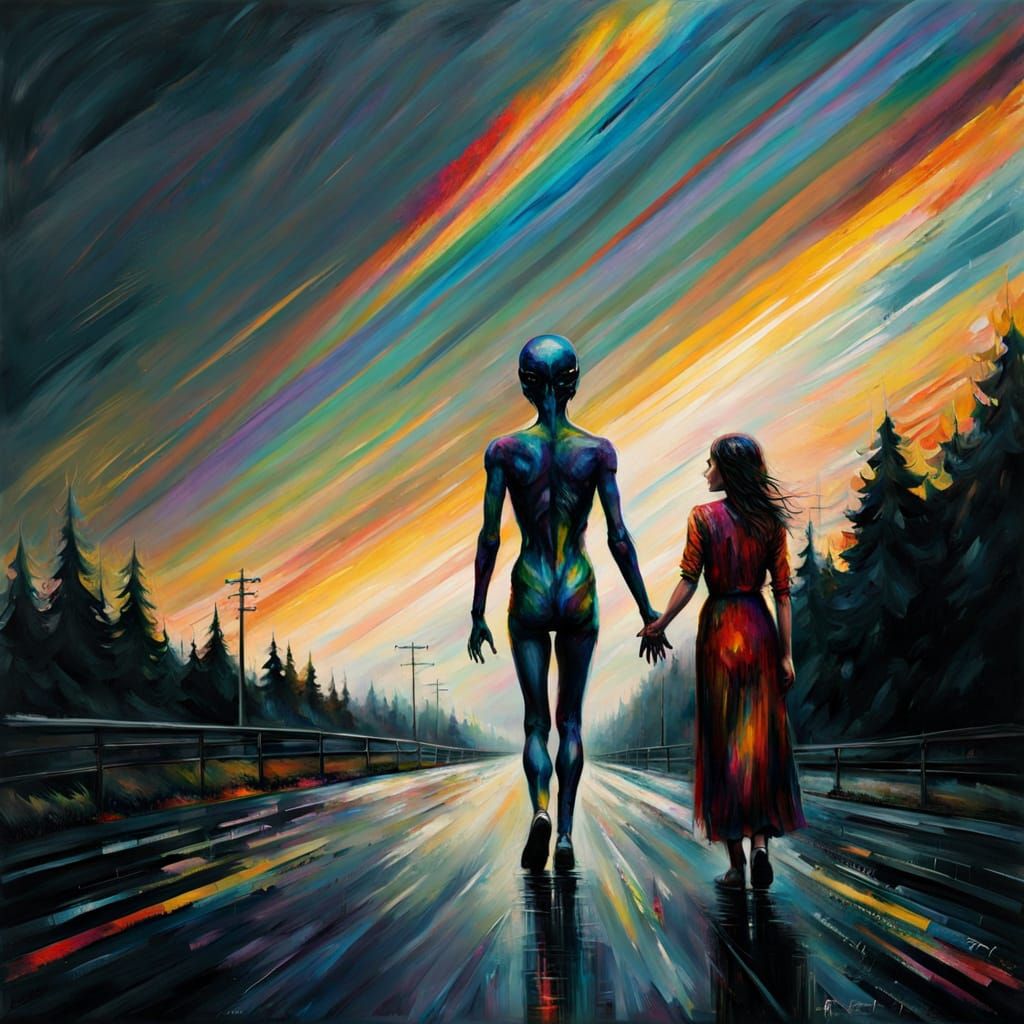 Vibrant Rainbow Pride Walkers on a Lonely Road