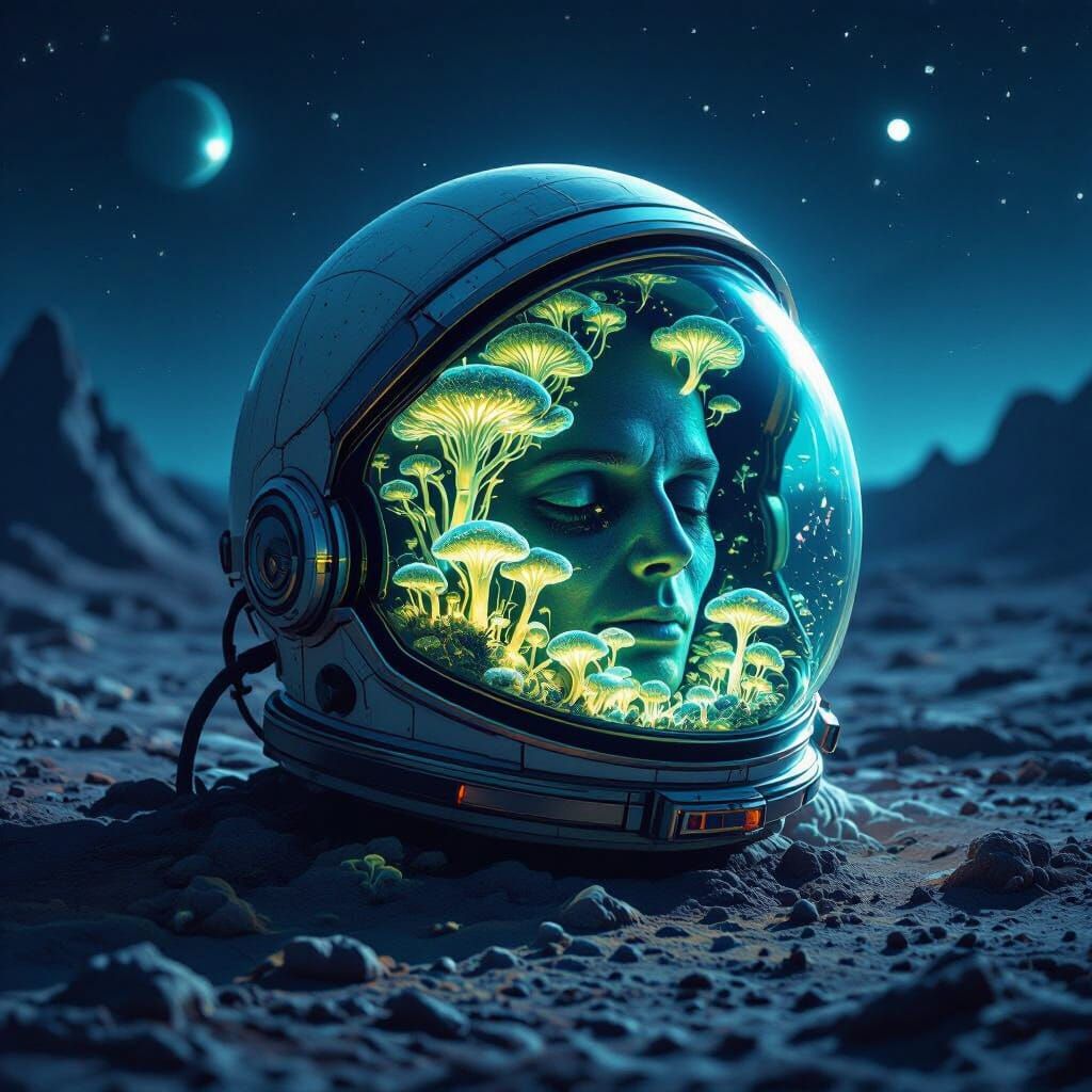 Bioluminescent Fungi in Astronaut Helmet on Alien Planet