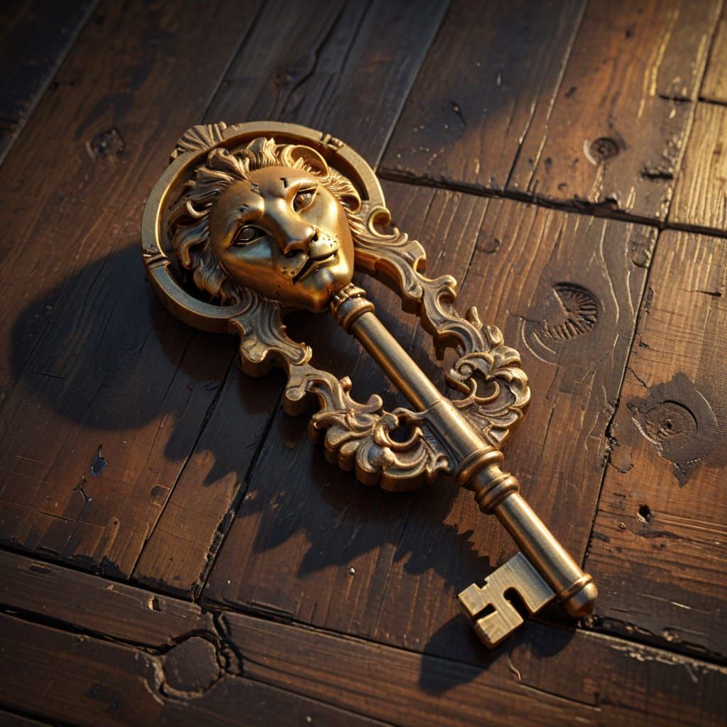 Golden Key in Leo Symbol Handle, Dark Naturalism Oil Paintin...