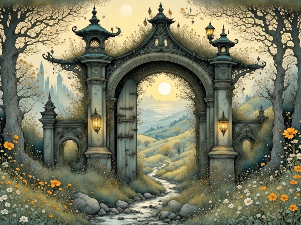 Whimsical Garden Gate in Evening Haze