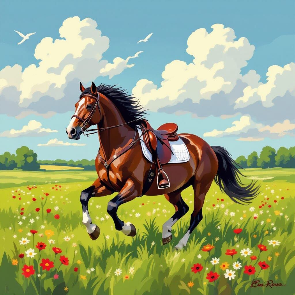 Majestic Horse Galloping in a Lush Green Field