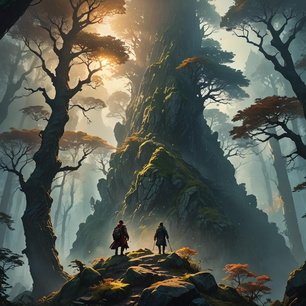 Mystical Mountain Summit in Ancient Forest