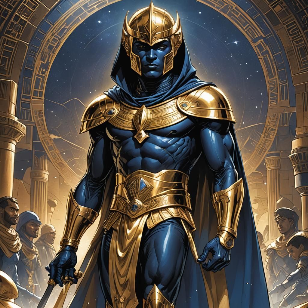 Egyptian Man in Gold Armor, Comic Book Art