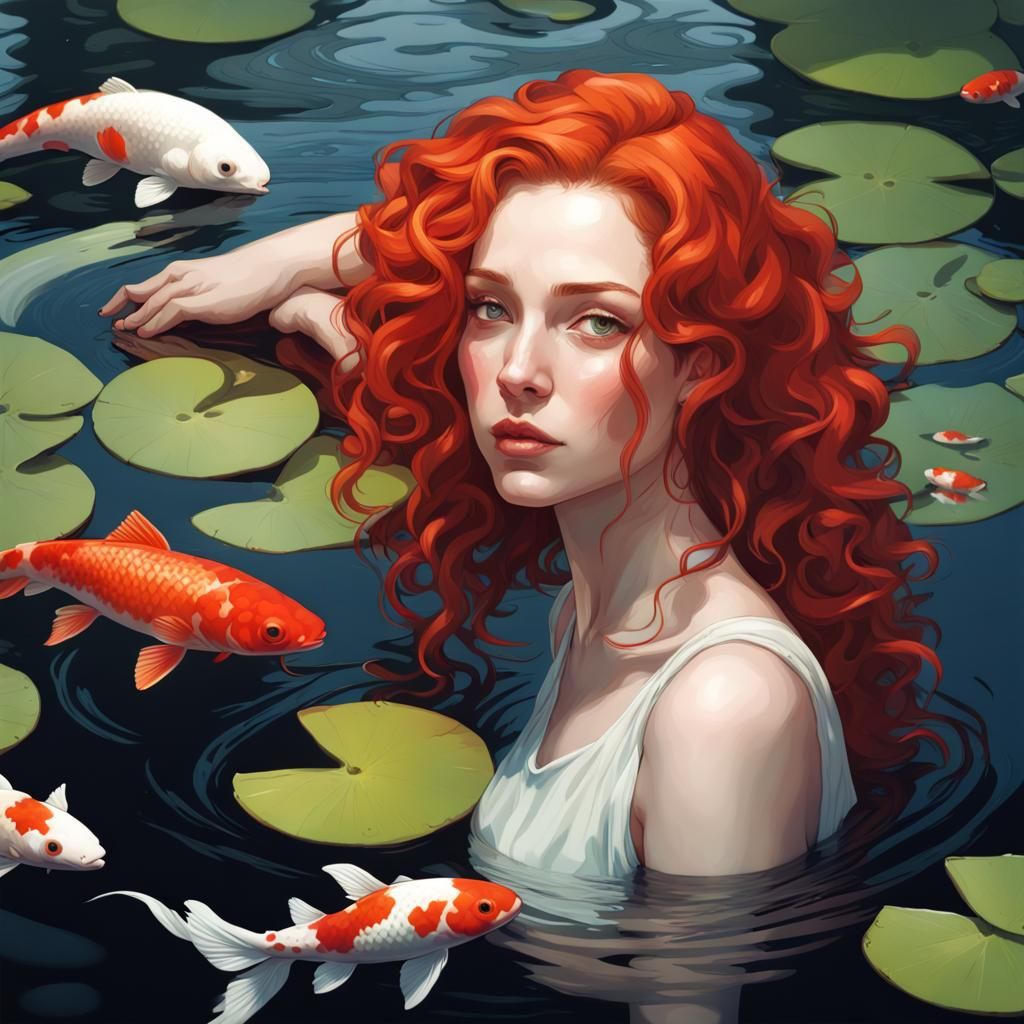 Red-Haired Woman Gazing at Koi Pond in Moonlight