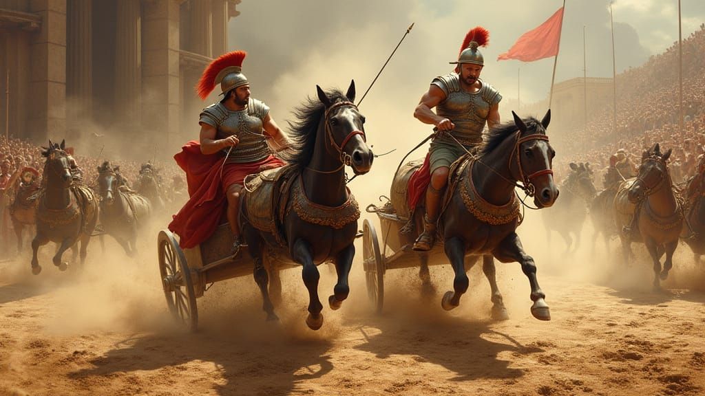Epic Roman Chariot Race in Dramatic Painterly Style