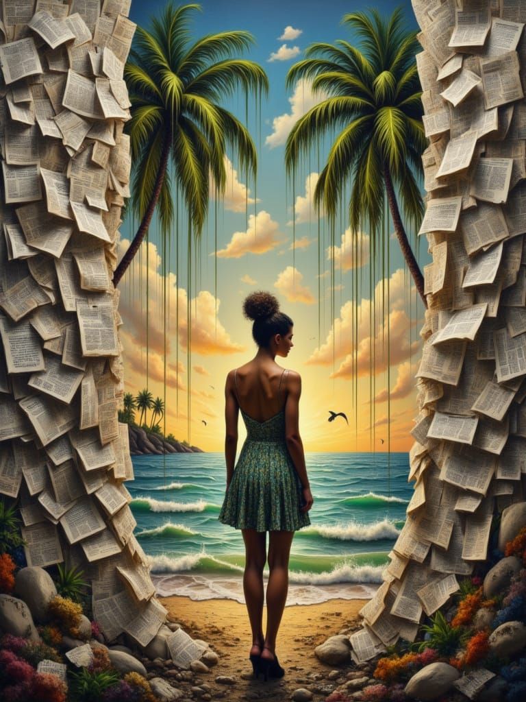 Surreal Tropical Oasis with Intricate Newspaper Curtain